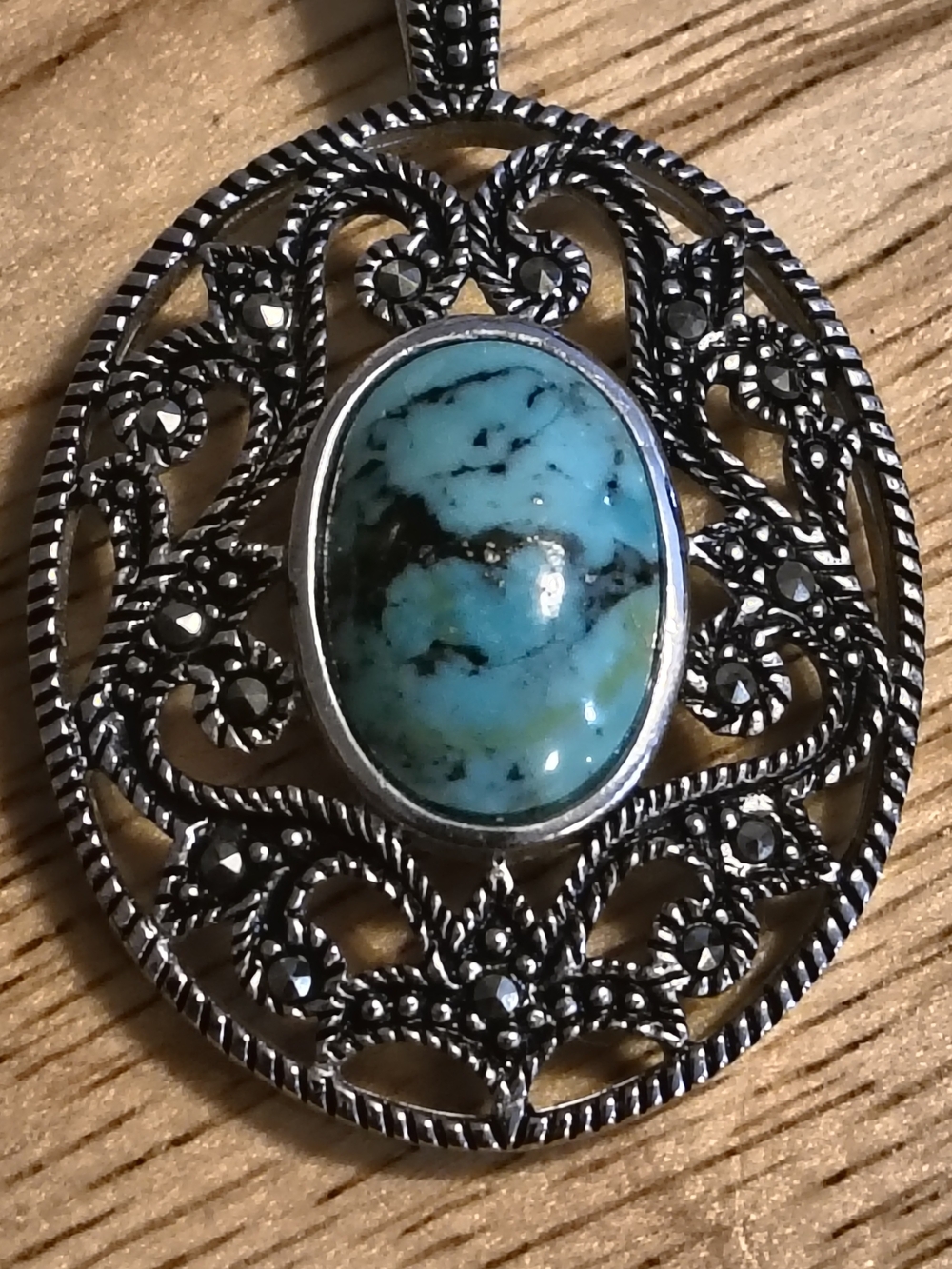 Vtg Turquoise & Marcasite Filigree Pendant -Sterling Silver Signed Thai 925 MD